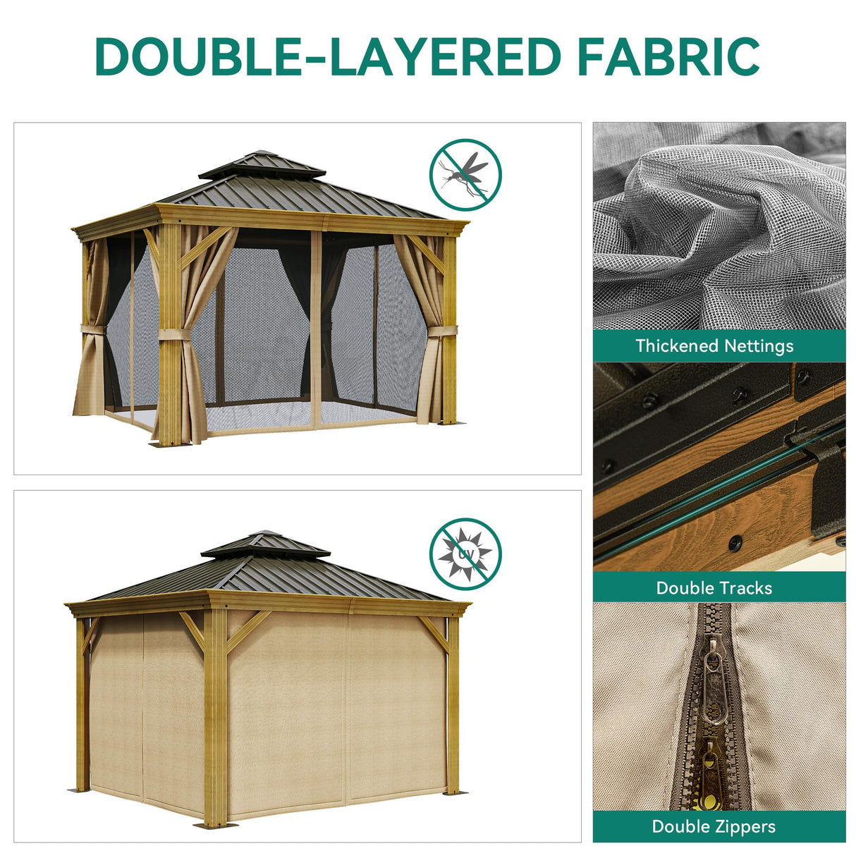 YITAHOME 10x10ft Hardtop Gazebo with Nettings and Curtains, Wood Grain Heavy Duty Double Roof Galvanized Steel Outdoor Combined of Vertical Stripes Roof for Patio, Backyard, Deck, Lawns, Brown YITAHOME