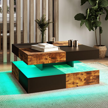 Rustic Brown LED Coffee Table for Living Room, Wood Square 2-Tier Storage Modern Middle Center Table, Contemporary Coffee Table with 16-Color LED Light, Cocktail Tea Table for Home Office Reception HedoAjim