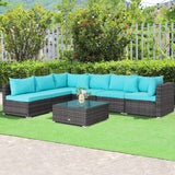 Tangkula 7 Pieces Patio Furniture Set, Patiojoy All-Weather Outdoor Rattan Sectional Sofa Set with Cushions and Tempered Glass Coffee Table, for Garden, Lawn, Backyard (Turquoise) Tangkula