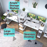 Extra Long White Double Computer Desk with Storage Shelves & Monitor Stand by HYPIGO HYPIGO