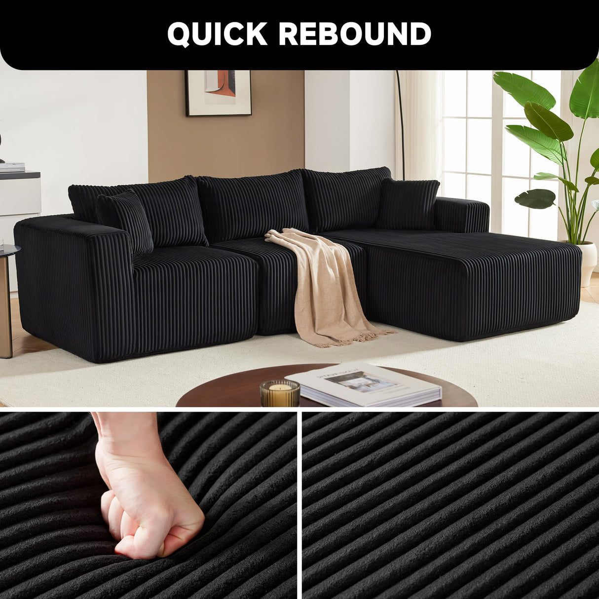 97" Boneless Couches for Living Room, Cloud Couch Sectional with Deep Seat, Comfy Couch with L-Shaped Chaise, Minimalist Upholstered Modular Sectional Sofa, No Assembly Required (Corduroy,Black) Huatean Home