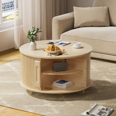 YKVIQBY Round Lift Top Coffee Table, 31.5" Fluted Wood Accent Coffee Table with 180° Curved Sliding Door, Hidden Storage, Mid Century Modern Center Table for Living Room Office Small Spaces, Oak YKVIQBY