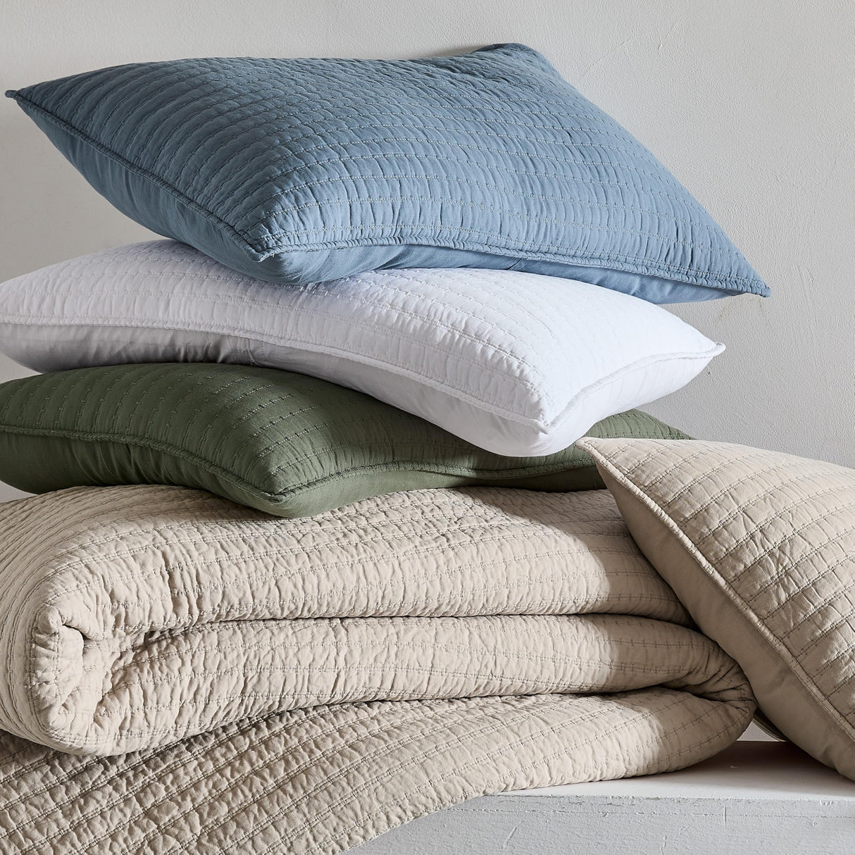 WDCOZY 100% Cotton King Size Quilt Set - Blue Striped Pick Stitch Soft Lightweight Bedspread, Textured Like Linen, Farmhouse Country Rustic Coverlet, Shabby Chic Gauze Bedding, 3 Pieces WDCOZY