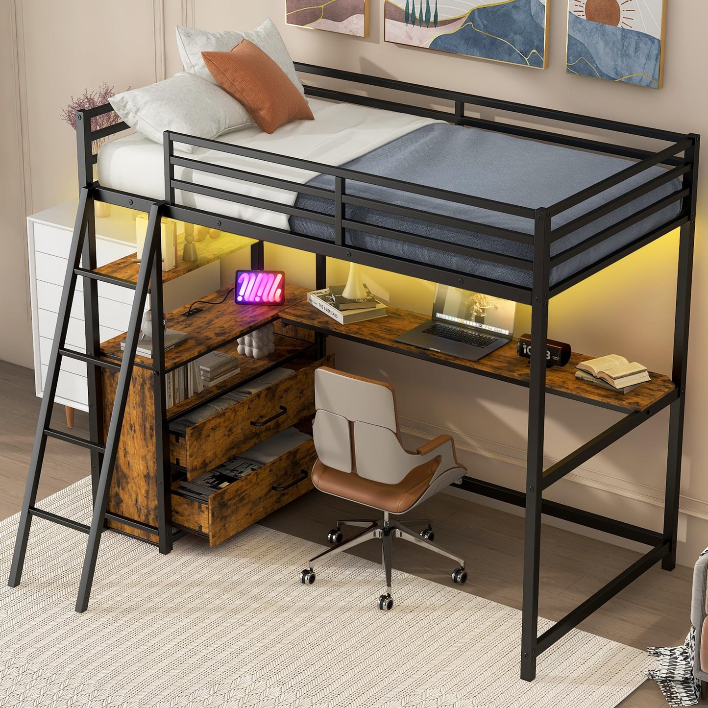 Harper & Bright Designs Metal Twin Loft Bed with Desk, LED Light & Storage Shelves,Heavy Duty Steel Loft Bed with 2 Built-in Drawers,Juniors Loft Bed Frame for Small Space,No Box Spring Needed,Black