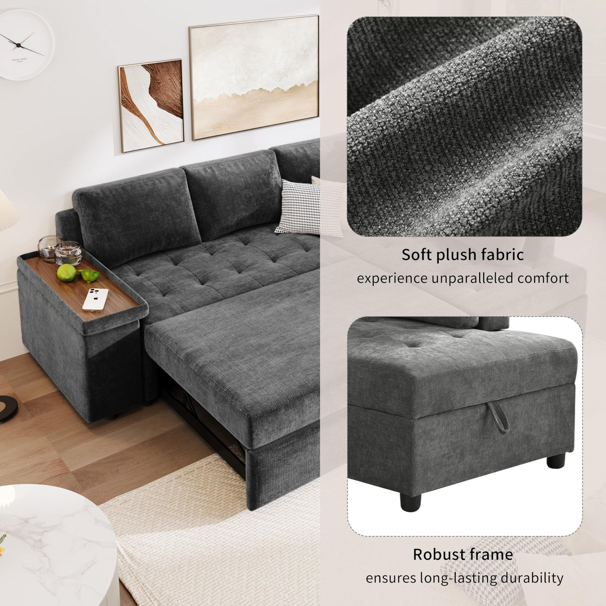 Merax Modular Sectional Sleeper Sofa with Pull Out Bed and Storage Seats, Modern L Shaped Couch & Multifunctional Wide Armrest for Living Room, Apartments, Office, Grey Merax