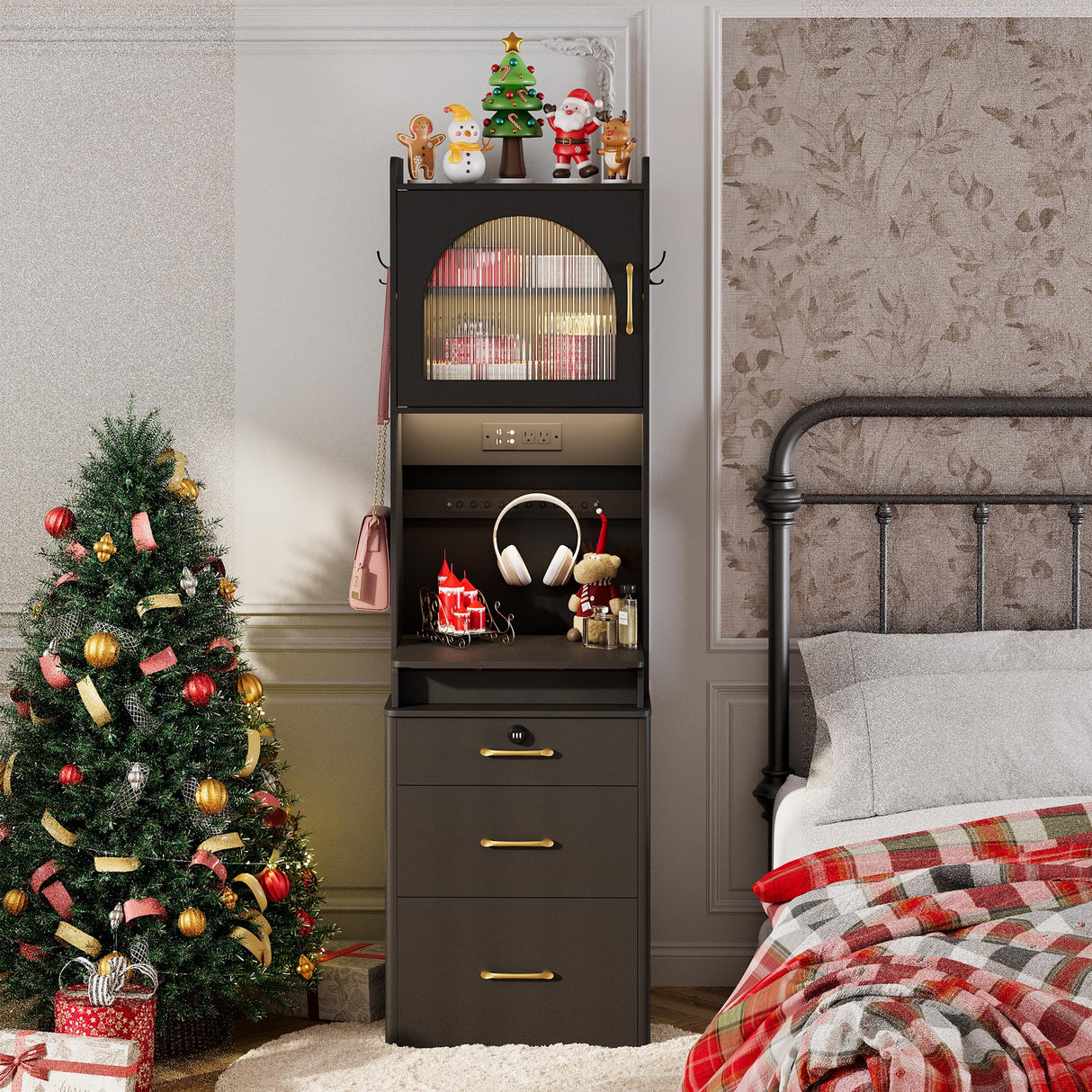 NUNU LAB 3 in 1 Vanity Desk with Mirror and Lights, Tall Makeup Vanity Set with Flip-up Mirror, Jewelry Box, Charging Station, LED Vanities Dressing Table for Small Spaces Bedroom Checkroom NUNU LAB