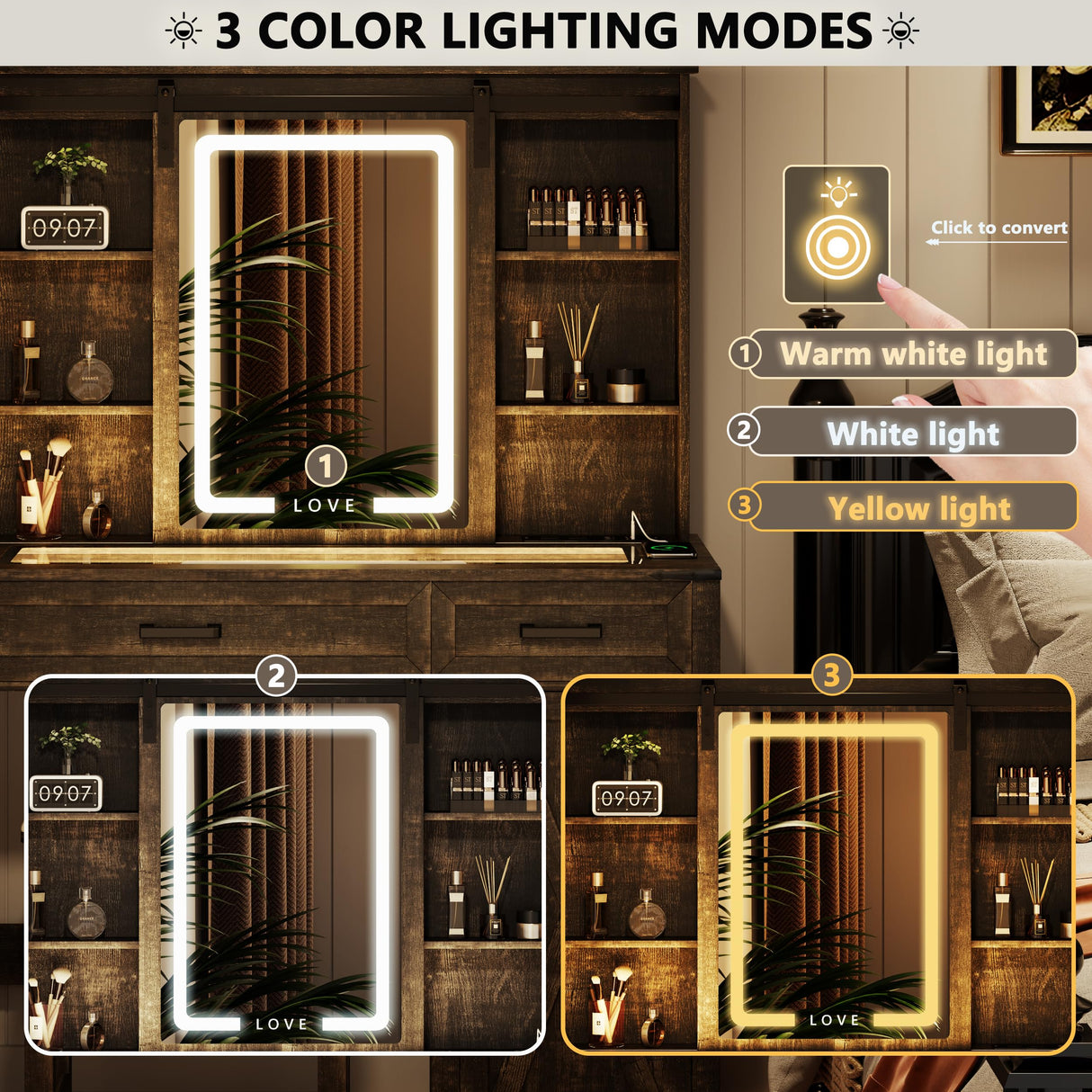 FREDEES Farmhouse Makeup Vanity with Charging Station,Vanity Set with Stool&Sliding Mirror&3Brightness Lights,Large Storage Glass Top Dressing Table with Drawers and Shelves for Women/Girls,Dark Oak FREDEES