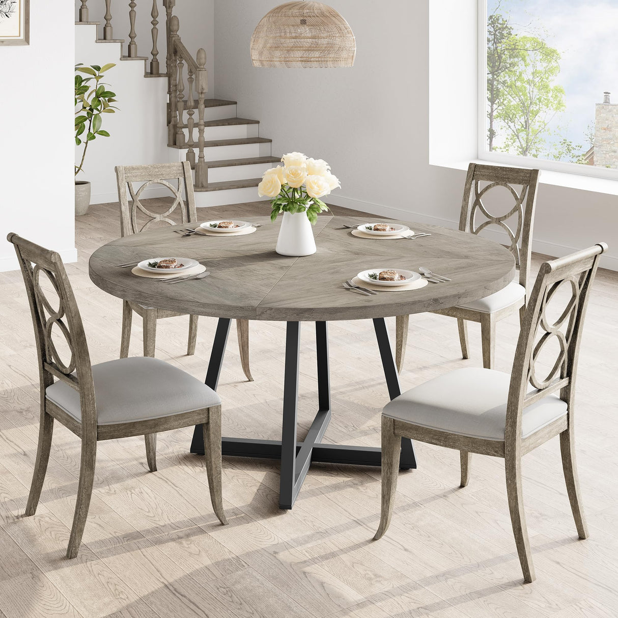 GarveeHome 47-inch Round Large Dining Table, Wooden Kitchen Table for 4, Industrial Dinner Table with Wooden Top and Metal Base for Home Dining Room or Living Room - Grey(Only Table) GarveeHome