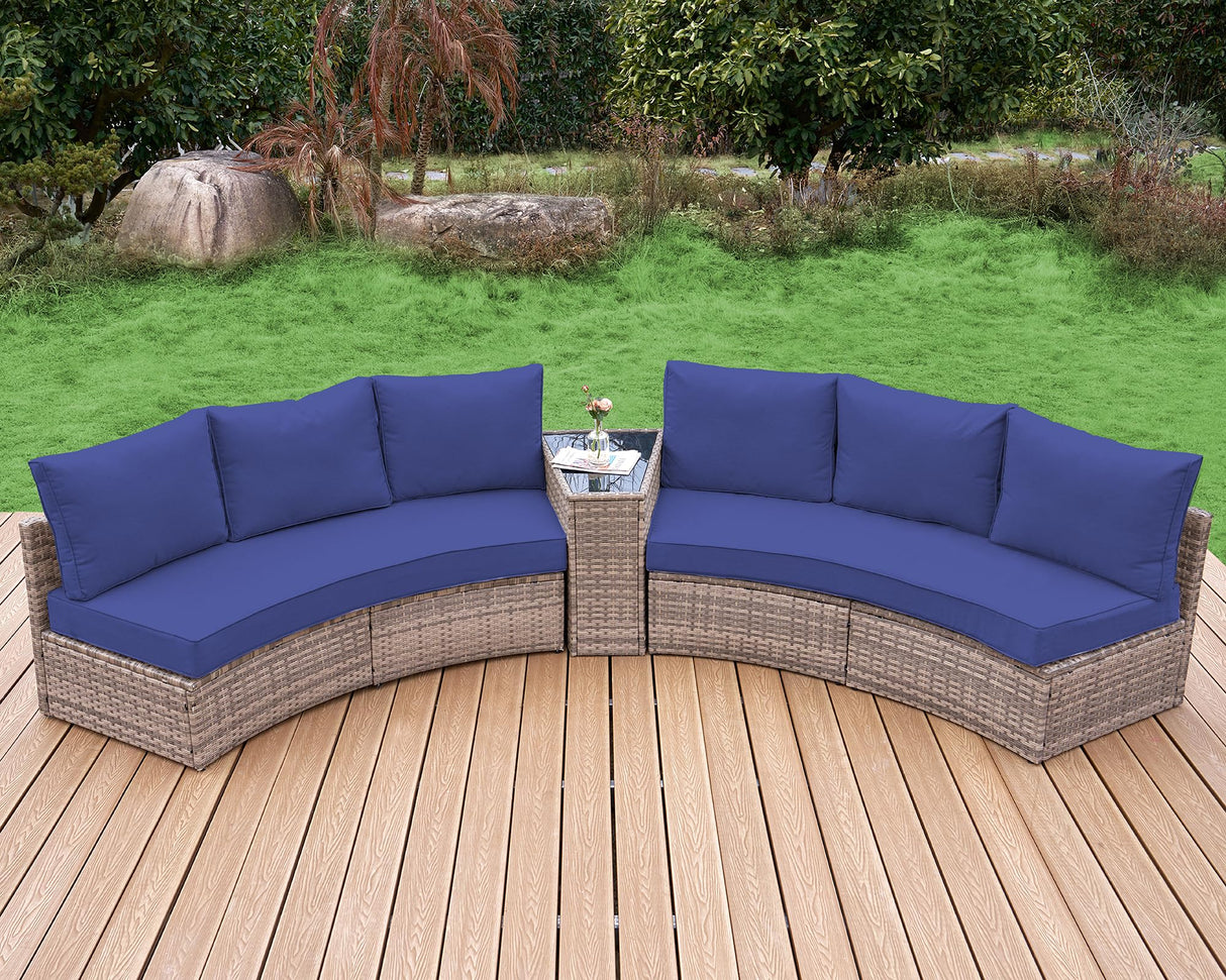 LUXOAK Patio Furniture Sets, 6 Piece Half-Moon Sectional Round Sofa Set, Outdoor Patio Furniture with Cushions for Beach, Pool, Balcony, Blue LUXOAK