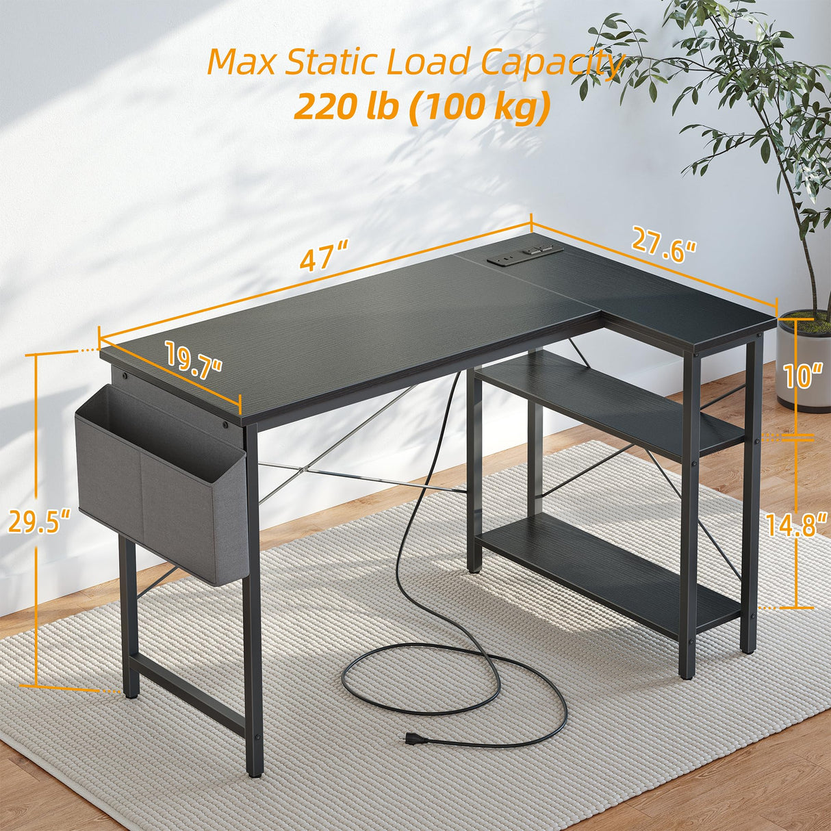 TIQLAB L Shaped Computer Desk with Power Outlets, 47 Inch Small Corner Desk with Reversible Shelves, Gaming Desk Computer Table Study Writing Table for Home Office Bedroom Small Space, Black TIQLAB