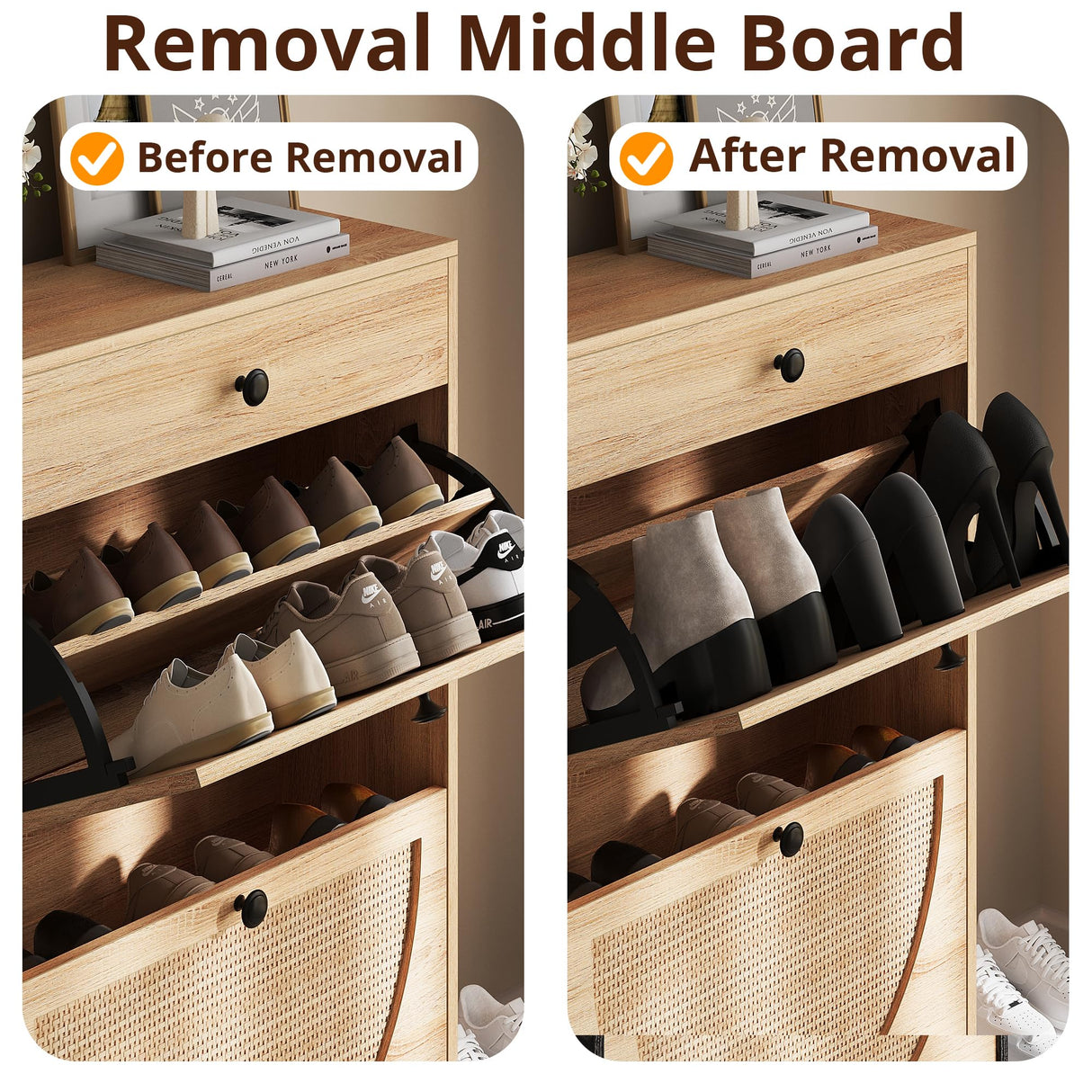 IRONCK Shoe Cabinet with 2 Flip Drawers, Shoe Storage Cabinet for Entryway, Free Standing Shoe Storage Organizer with Rattan Doors Slim Narrow Shoe Rack Cabinet, Oak IRONCK