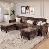 COLAMY 118" U-Shaped Sectional Couch, 4-Seat Modular Sofa with 2 Ottomans and Foldable Side Table, Brown for Living Room COLAMY