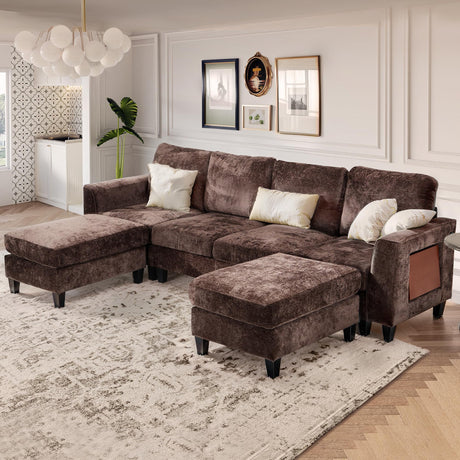 MALOL COLAMY 118" U-Shaped Sectional Couch, 4-Seat Modular Sofa with 2 Ottomans and Foldable Side Table, Brown for Living Room MALOL