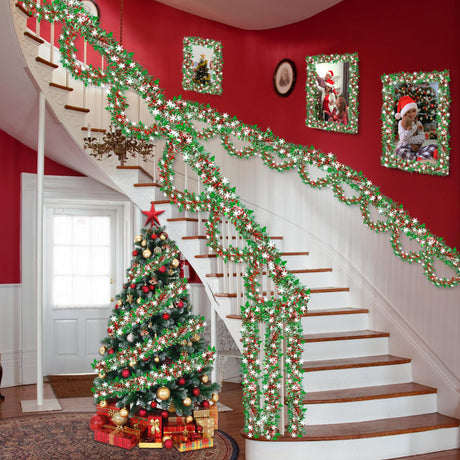 50 FT Christmas Decorations Tinsel Garland with Snowflake Christmas Tree, Red Green Silver Shiny Metallic Twist Christmas Garland for Home Tree Mantle Stairs Indoor Outdoor Holiday Xmas Party Decor Lairyan