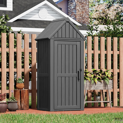 Fancyango Outdoor Resin Storage Shed, Upgrade Durable Storage Cabinet with Removable Shelves and Lock Ring, Reinforced Floor, All-Weather Construction for Garden Patio Lawn (Black)