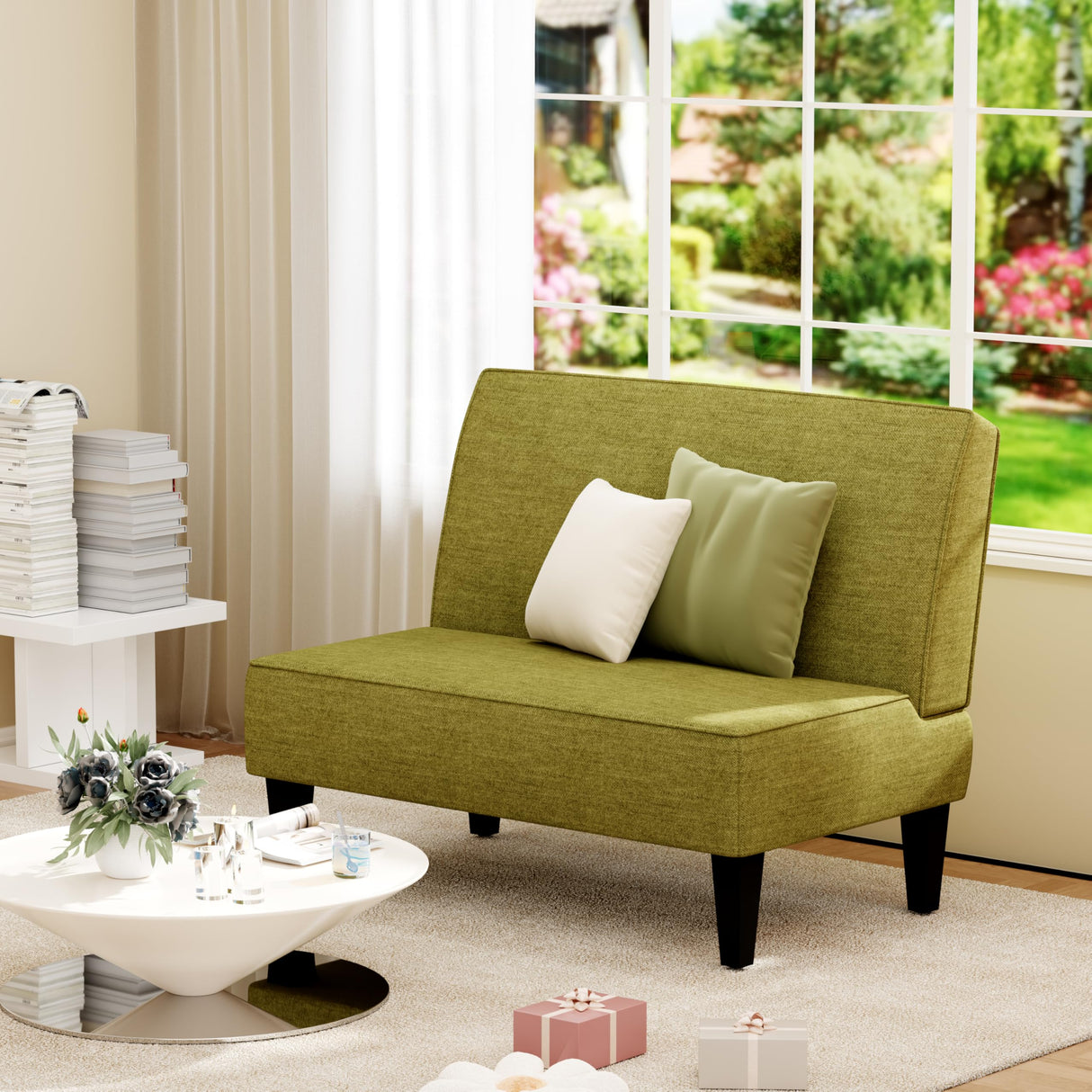 Changjie Furniture Small Loveseat Sofa Upholstered Mini Couch for Small Spaces 2-Seater Sofa Couch with Wooden Legs for Bedroom Living Room (Green) Changjie Furniture