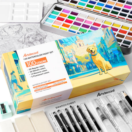 Watercolor Paint Set, 100 Colors, Travel Water Colors kit with 9 Brushes, 3 Swatch Cards, Palette set Including Metallic and Accessories Art Supplies Gifts for Kids Artists Teens Adults and Hobbyists Artdecool