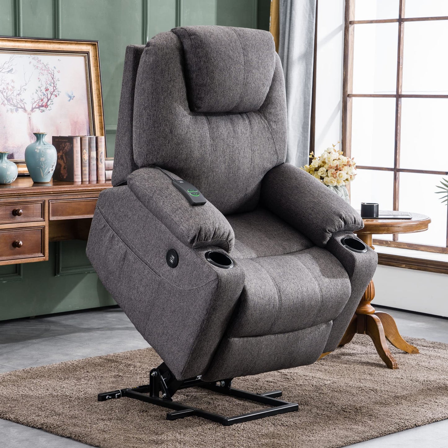 MCombo Medium Power Lift Recliner Chair Sofa with Massage and Heat for Elderly, 3 Positions, Cup Holders, and USB Ports, 2 Side Pockets, Fabric 7040 (Medium, Gray)