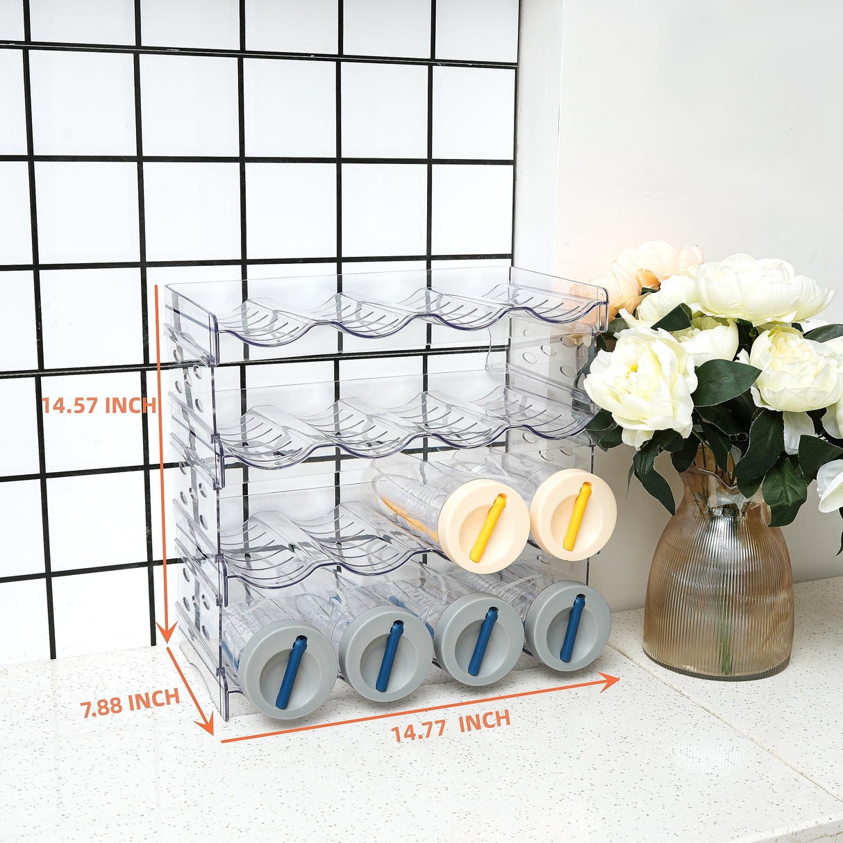 IEEK Plastic Stackable Bottle Storage Holder Rack Holds 16 Bottles,Free-Standing Water Bottle/Wine and Drink Organizer Shelf for Kitchen Cabinet,Fridge,Countertop,Pantry,Freezer,4 PackX4 Bottles,Clear IEEK