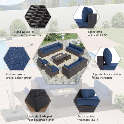 ALAULM 15 Pieces Patio Furniture Set with Aluminum Fire Pit Table Outdoor Furniture Sets 55000BTU Gas Fire Pit Brown PE Rattan Wicker Patio Conversation Sets w/12 Cushions (Dark Blue) - WoodArtSupply