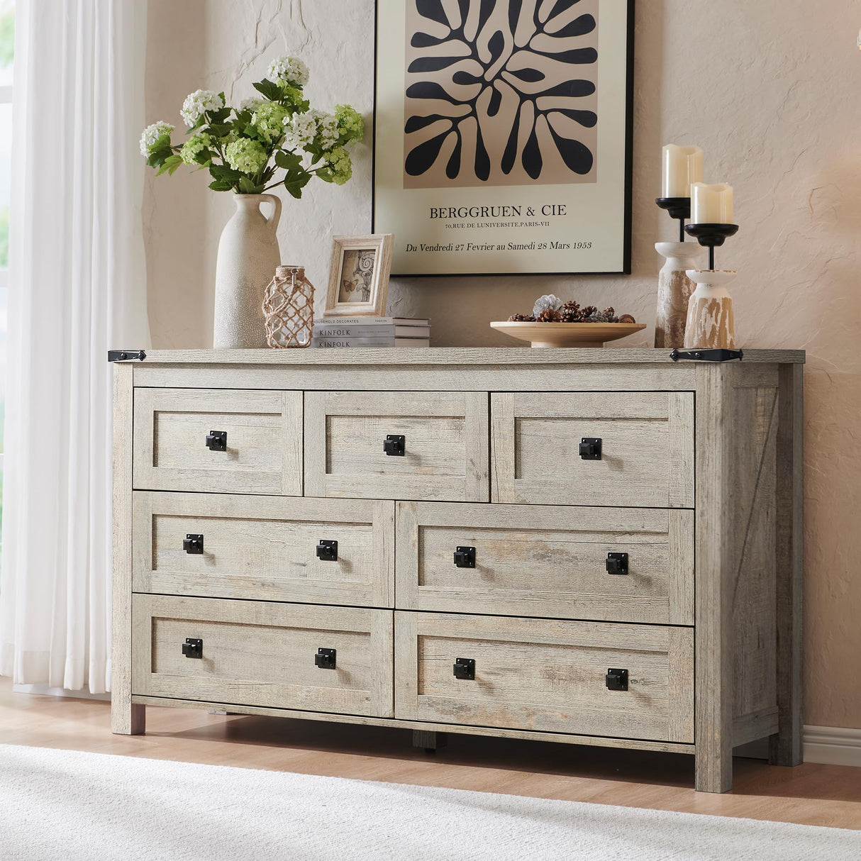 RedLemon 7 Drawer Dresser for Bedroom, Farmhouse 54" Wide Rustic Wood Dresser TV Stand, Dresser Chest of Drawers for Closet, Living Room, Hallway, Light Rustic Oak RedLemon