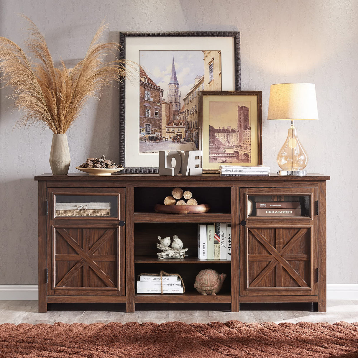 JXQTLINGMU Farmhouse TV Stand for 75 Inch TV, Entertainment Center with Storage, Modern TV Cabinet with Barn Doors, 66" Rustic TV Console for Living Room, Adjustable Shelf - Brown JXQTLINGMU