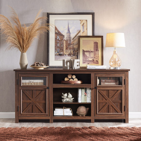 JXQTLINGMU Farmhouse TV Stand for 75 Inch TV, Entertainment Center with Storage, Modern TV Cabinet with Barn Doors, 66" Rustic TV Console for Living Room, Adjustable Shelf - Brown JXQTLINGMU