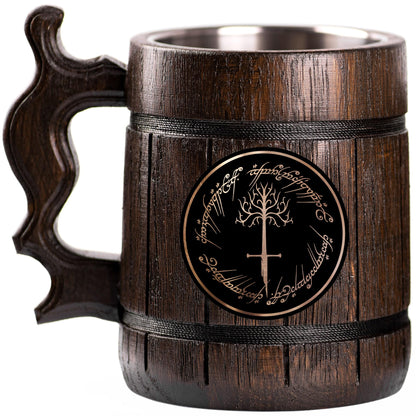 One Ring With Tree Of Gondor Beer Mug, 22 oz, Lord Beer Stein, Personalized Wooden Beer Tankard, Beer Mugs with Handles, Groomsman Gift, Gift for Him, Gift for Man - WoodArtSupply