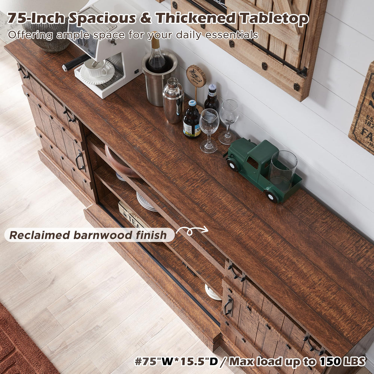 OKD 75" Sideboard Buffet Cabinet with Storage, Farmhouse TV Stand w/Sliding Barn Door, Rustic Long Coffee Bar, Large Buffet Table for Dining Room, Kitchen and Living Room, Reclaimed Barnwood OKD
