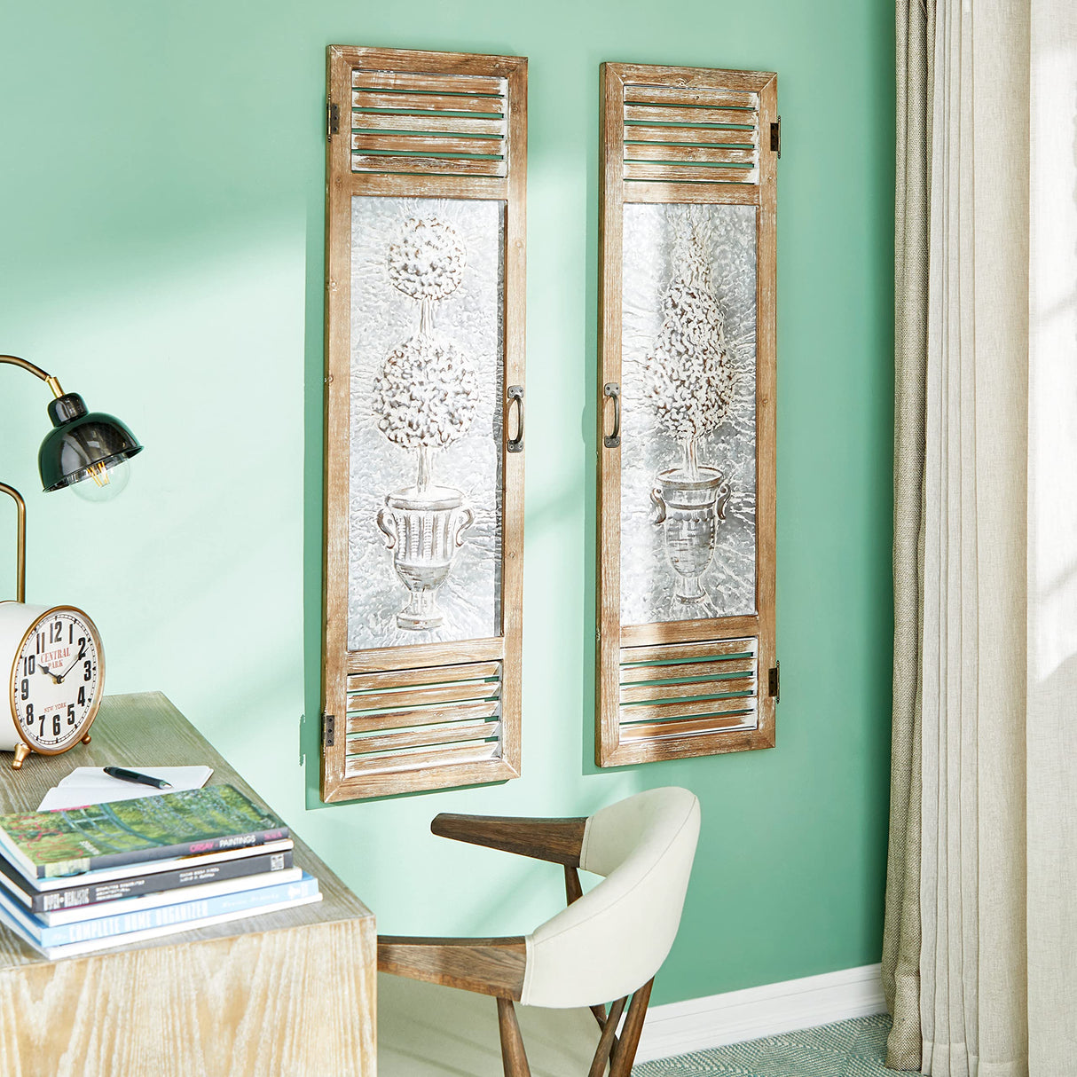 Deco 79 Metal Tree Home Wall Decor Relief Wall Sculpture with Louvered Design, Set of 2 Wall Art 15"W, 52"H, Brown Deco 79