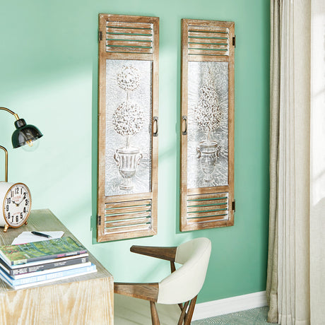 Deco 79 Metal Tree Home Wall Decor Relief Wall Sculpture with Louvered Design, Set of 2 Wall Art 15"W, 52"H, Brown Deco 79