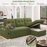 HIFIT Sleeper Sofa Bed- 87" L Shaped Pull Out Couches for Living Room with Storage Chaise, Storage Armrest, LED Light&USB Port&Cupholder, Modern Velvet Sectional Home Sofa Living Room Furniture, Green HIFIT