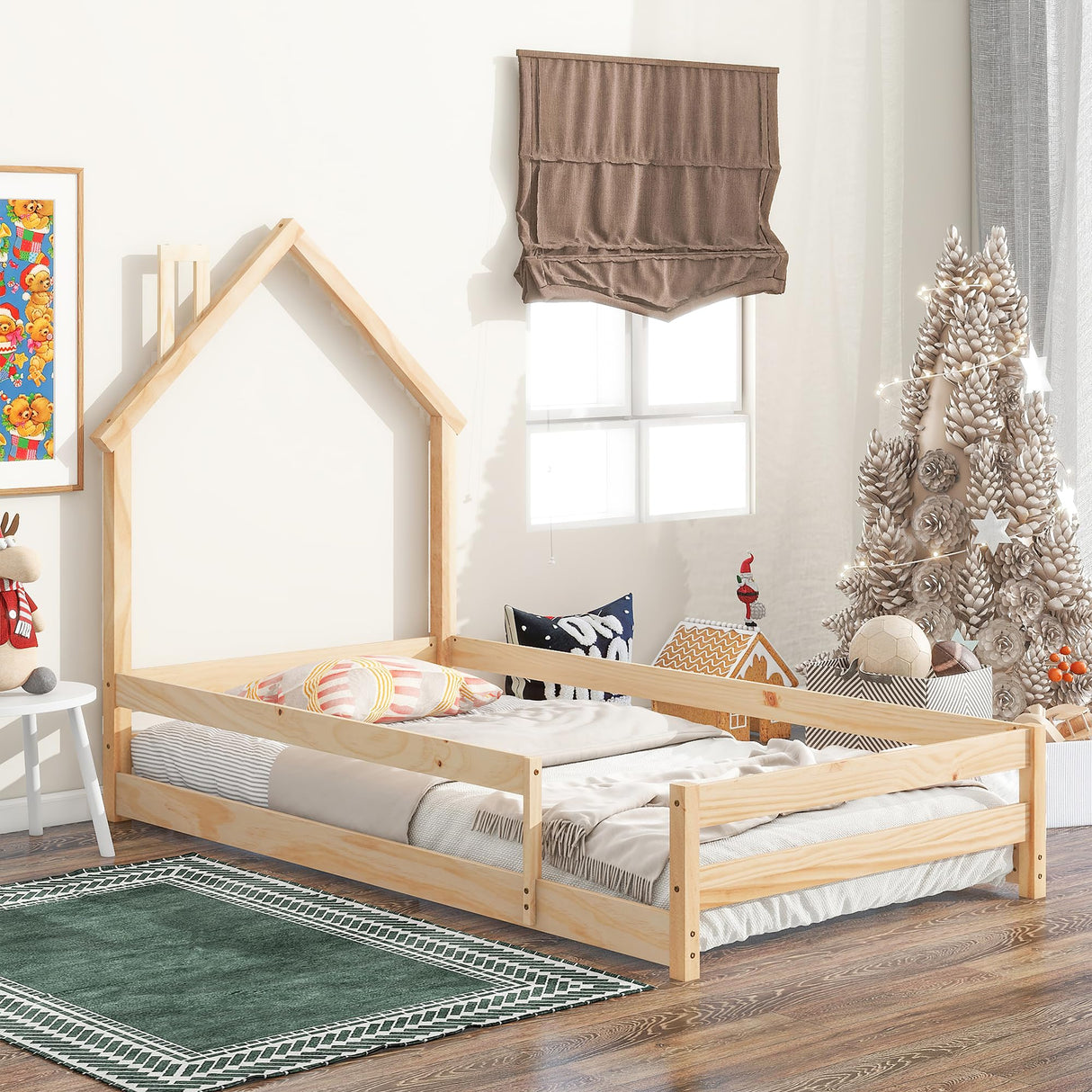 Dolonm Twin Size Montessori House-Shaped Floor Bed Frame with Guardrails in Natural Pine Wood Dolonm