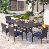 PHI VILLA Outdoor 7 Pieces Expandable Cast Aluminum Dining Set for 6, Extendable Metal Table with Umbrella Hole & Cushioned Wicker Chairs, Dining Furniture Set for Patio, Deck, Yard and Porch PHI VILLA