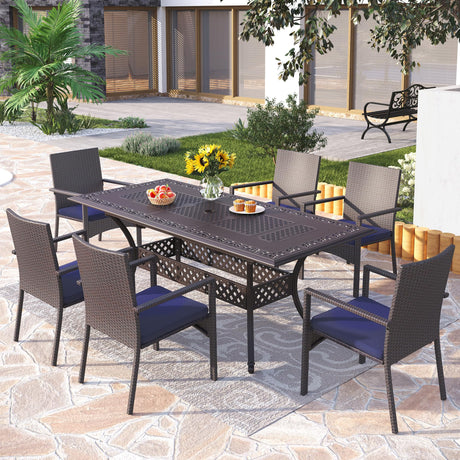 PHI VILLA Outdoor 7 Pieces Expandable Cast Aluminum Dining Set for 6, Extendable Metal Table with Umbrella Hole & Cushioned Wicker Chairs, Dining Furniture Set for Patio, Deck, Yard and Porch PHI VILLA