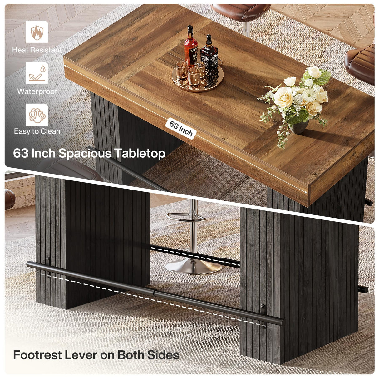 Tribesigns 63 Inch Bar Table, Industrial Counter Height Pub Dining Table, Rectangular Home Bar Units with Metal Footrest for Home Kitchen, Dining Room, Bistro Tribesigns