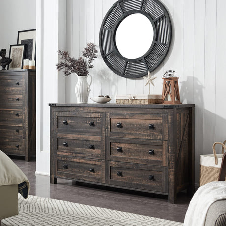 T4TREAM Farmhouse 6 Drawers Dresser Chests for Bedroom, Wood Rustic Wide Chset of Drawers,Storage Dressers Organizer for Bedroom, Living Room,Hallway, Dark Rustic Oak T4TREAM