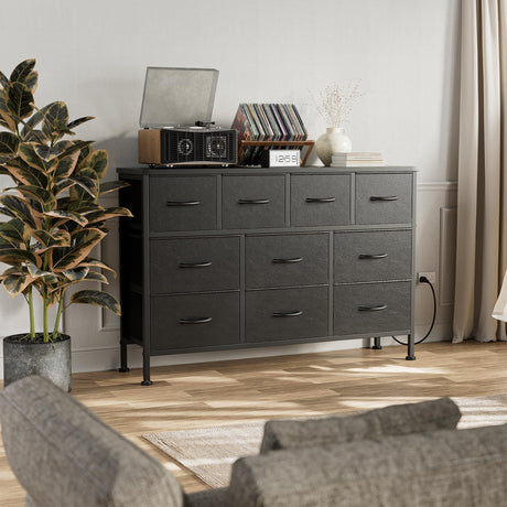 Lulive 10 Drawer Black Dresser for Bedroom, Dresser TV Stand with Power Outlet, Entertainment Center Chest of Drawers for 55'' Long TV, Wide Fabric Dresser for Storage and Organization (Black) Lulive