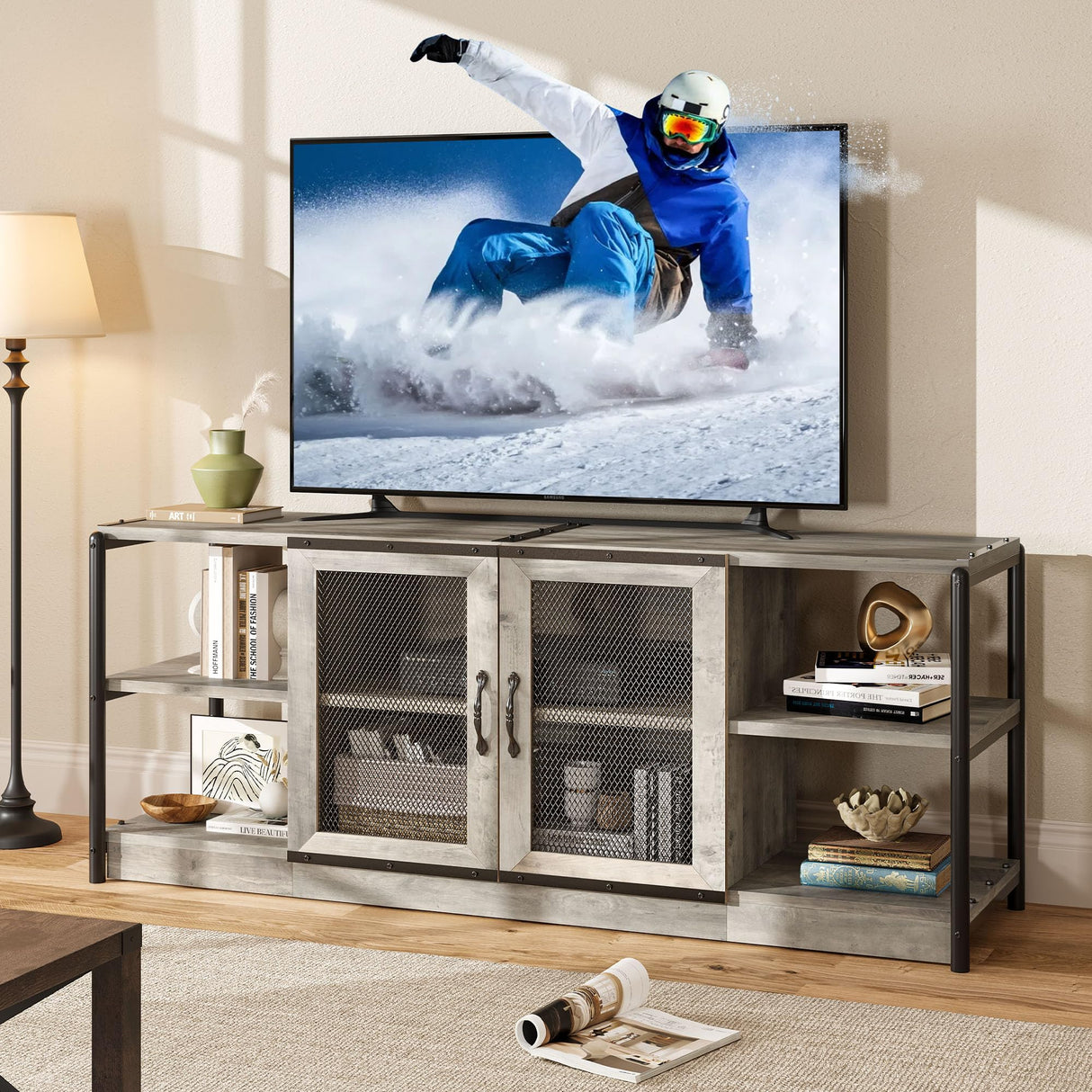 CABIHOME Farmhouse TV Stand for 65/75 inches TVs, Entertainment Center with Storage Cabinet and Mesh Doors, Industrial TV Media Console Cabinet Table, Media Furniture for Living Room, Grey CABIHOME