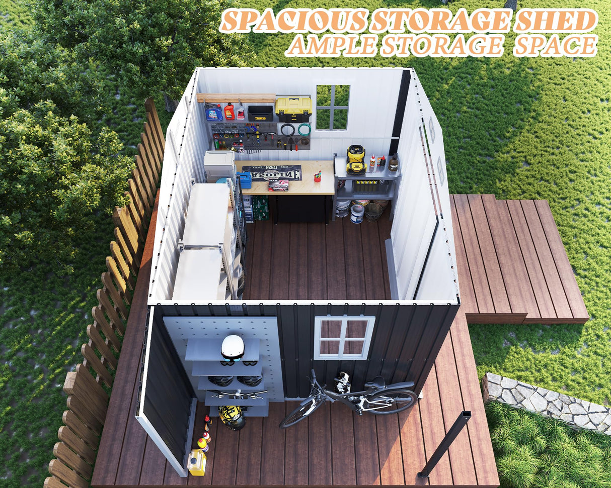 AMERLIFE 10.6x6.8x6.3 FT Galvanized Metal Storage Shed with Open Firewood Bay, Sliding Doors & Ramp, 2 Windows & Vents, Weather-Resistant Outdoor Tool/Garden Shed, Dark Gray AMERLIFE