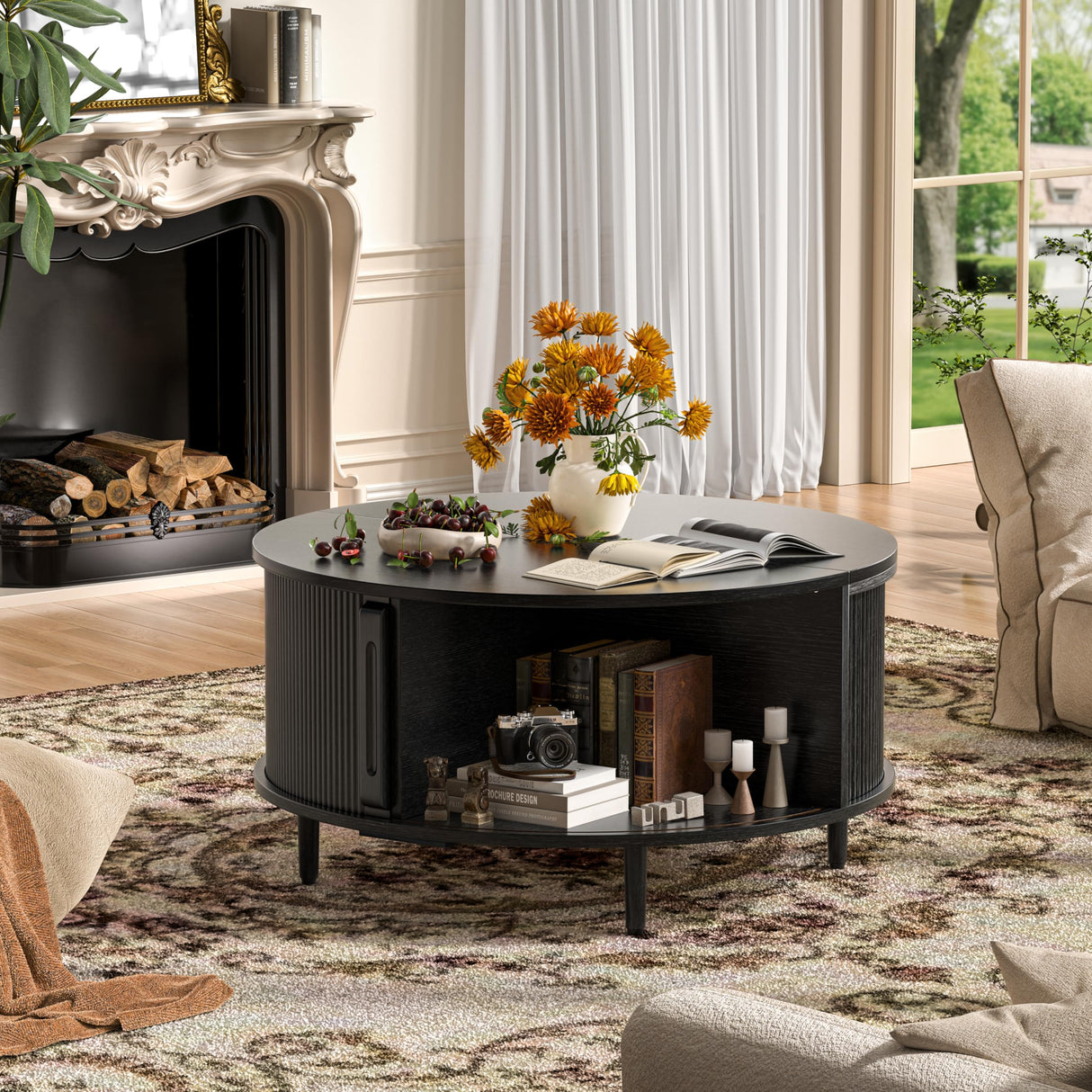 Round Coffee Table, 31.5" Fluted Center Table with Storage, Lift-Top Coffee Table with Adjustable Footpads, Sliding Door, Mid-Century Modern Center Table for Living Room, Small Space (Black) BEROXII