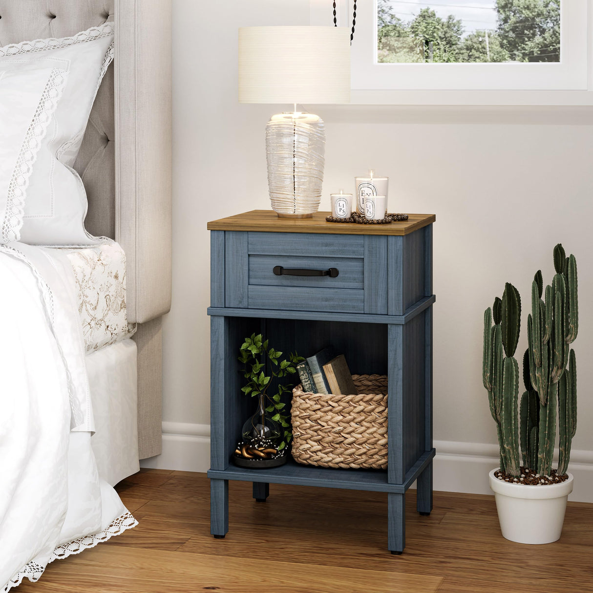 Farmhouse Nightstand with Drawer, Wood Bedside Table with Open Shelf, Modern Bedside Cabinet for Bedroom, Small End Table, Side Tables with Storage Shelf for Bedroom Blue LET512LR YAUKTAK