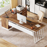 Tribesigns 71-Inch Executive Desk, L-Shaped Desk with Cabinet, Large Office Desk with Drawers and Storage Shelves, Writing Table Computer Desk for Home Office, Brown and White Tribesigns
