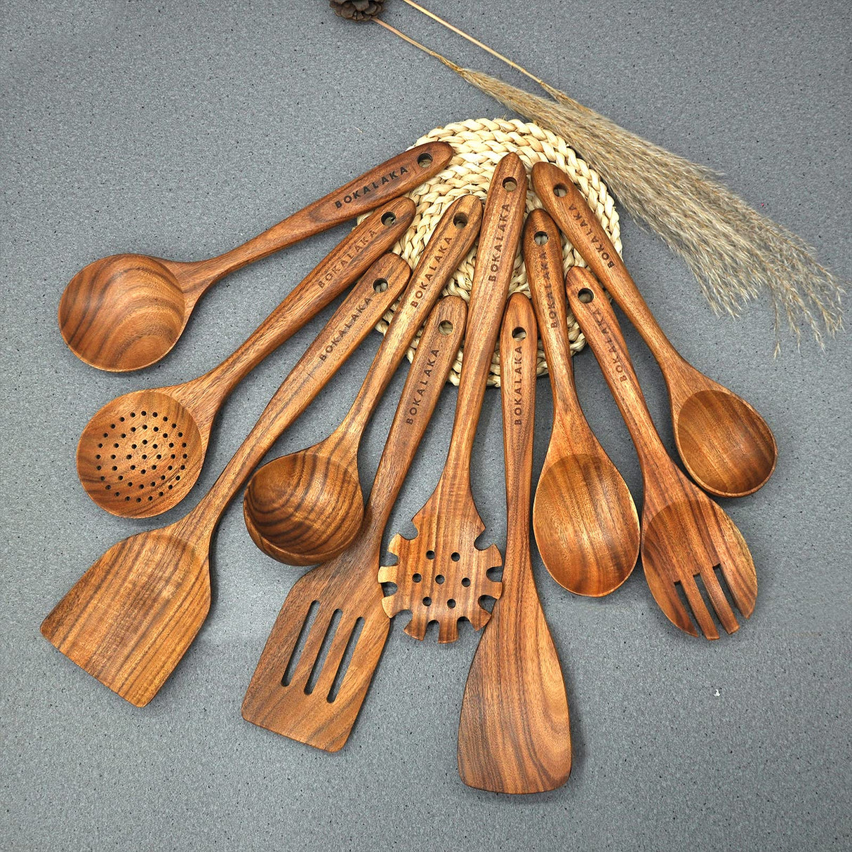 Wooden Spoons for Cooking,10 Pcs Natural Teak Wooden Kitchen Utensils Set Wooden Utensils for Cooking Wooden Cooking Utensils Wooden Spatulas for Cooking BOKALAKA