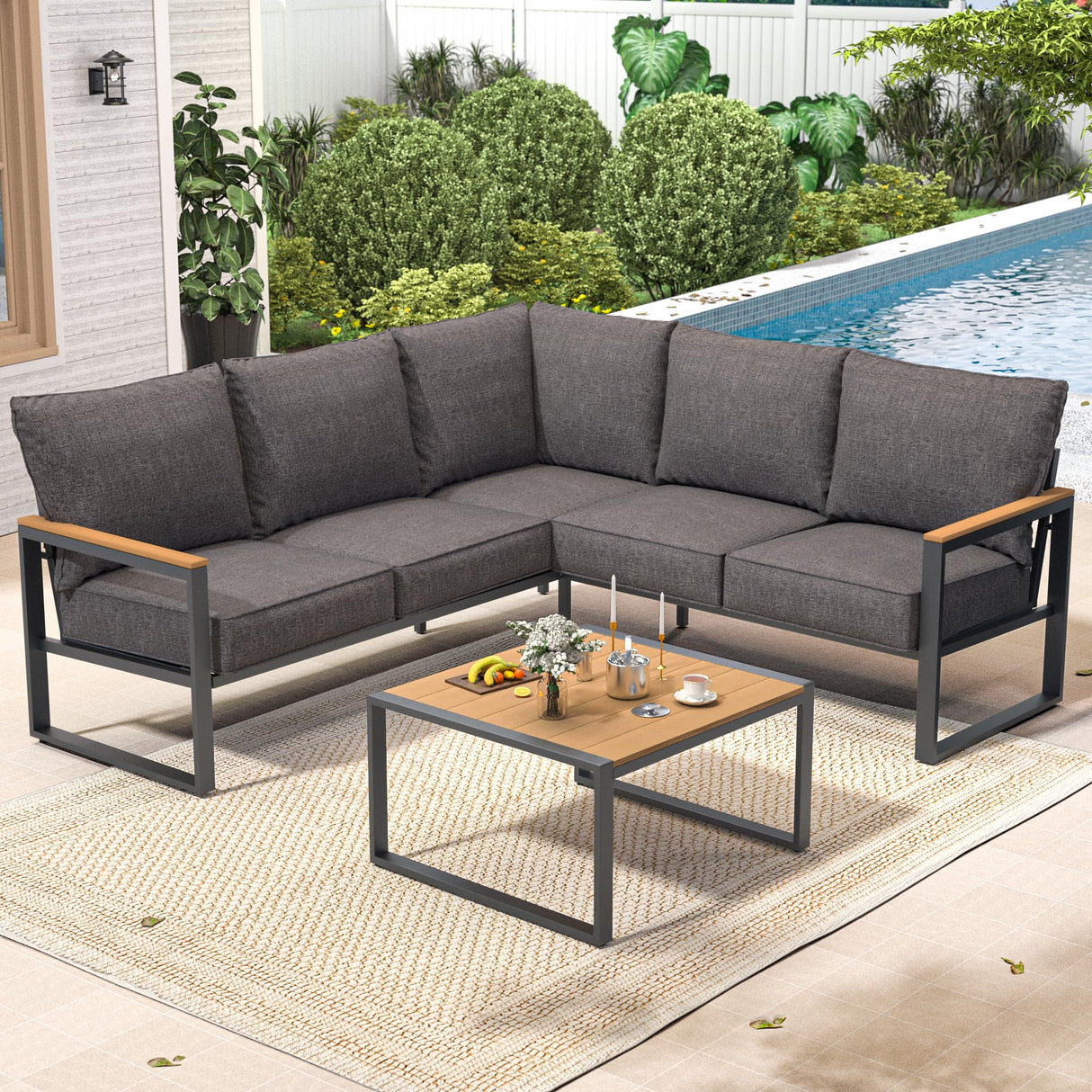 COMLAX FIELD Metal Patio Furniture Set, 6 Pieces Outdoor Sectional Sofa Set with Side Table, L Shape Patio Conversation Set with Faux-Wood Tabletop, Outdoor Couch for Balcony, Porch, Backyard, Grey COMLAX FIELD
