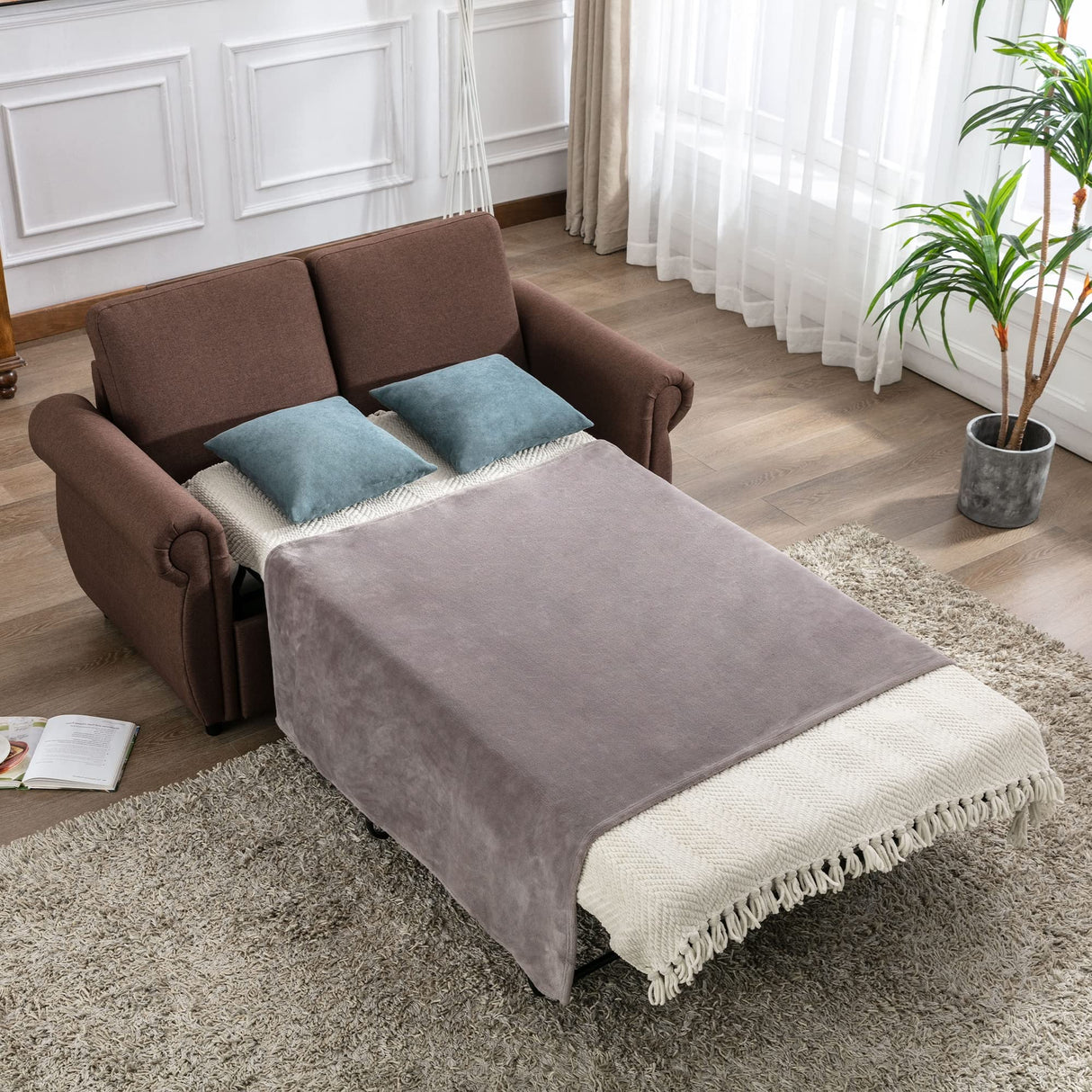 Merax Sleeper Couch Small Sofa for Living Room or Bedroom Including Pull Out Bed Sofabed, Compact, Brown w/Mattress Merax