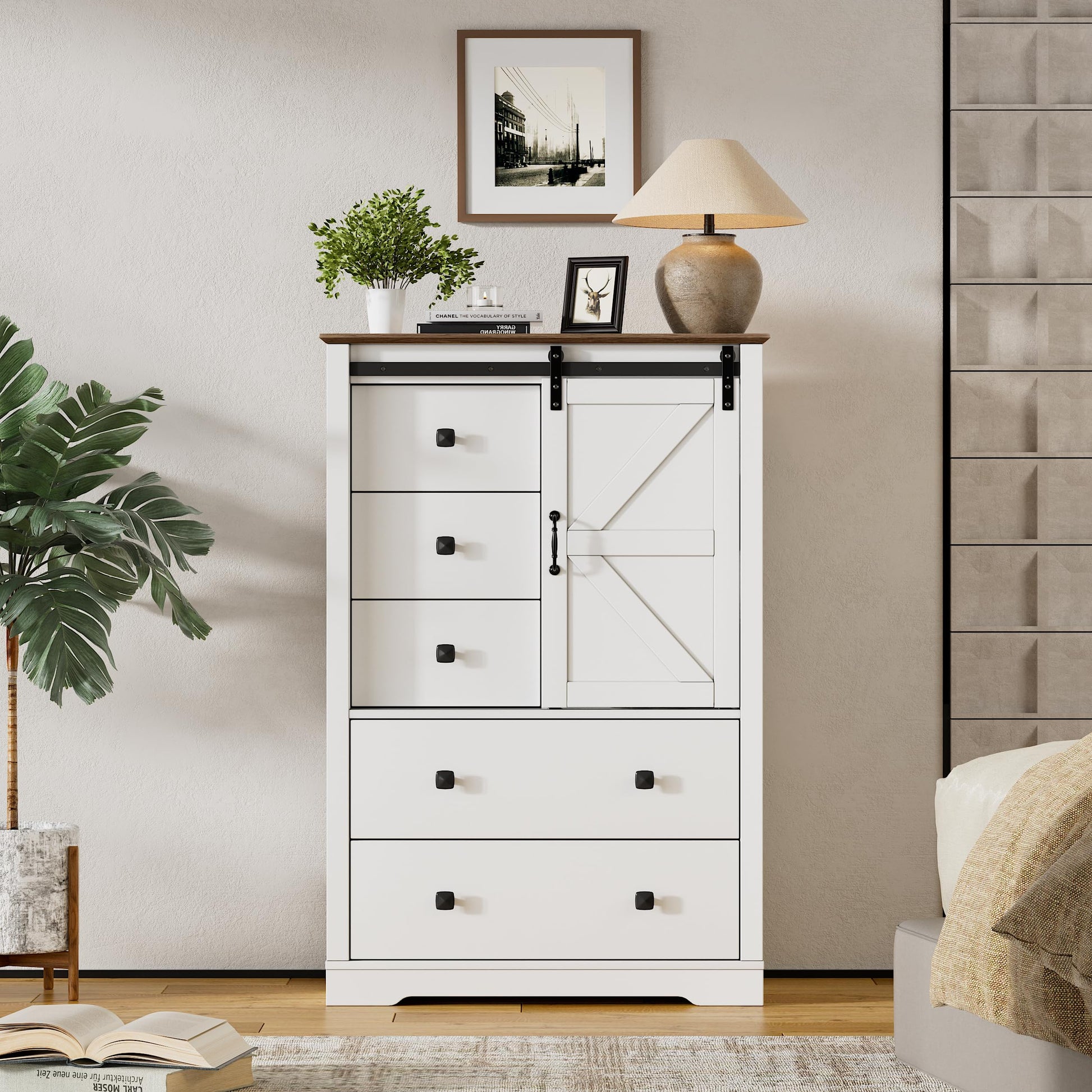 PAKASEPT 5 Drawers Dresser, Farmhouse Modern Tall Dresser 5 Chest of Drawers, Sliding Barn Doors Dresser Chests for Bedroom, Hallway, Living Room, Kids Room - WoodArtSupply