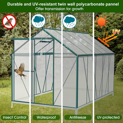 WACASA 8x6 FT Polycarbonate Greenhouse Kit for Outdoors ,Heavy Duty Aluminum Walk-in Greenhouse with Swing Door,Rain Gutter and Ventilation Window,Green House for Sunroom,Garden,Backyard - WoodArtSupply