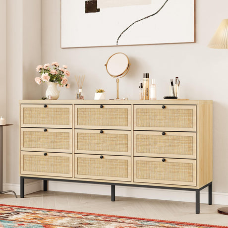 Brafab 59" Natural Rattan 9 Drawer Dresser for Bedroom, Wide Mid Century Modern Chest of Drawers, Boho Natural Wood Large Dressers, Tall Drawer Organizer with Smooth Metal Rail for Nursery Closet Brafab