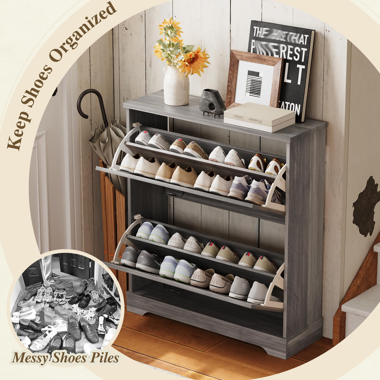 Semiocthome Farmhouse Shoe Storage Cabinet with 2 Flip Drawers, 31.5"(W) Freestanding Shoe Organizer with Barn Door and Metal Handles for Entryway, Corner Rustic Narrow Shoe Rack Cabinet - Washed Gray Semiocthome